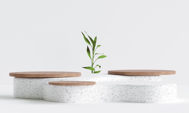 Rounded wood with terrazzo marble podium on for product presentation 3d illustrationx9