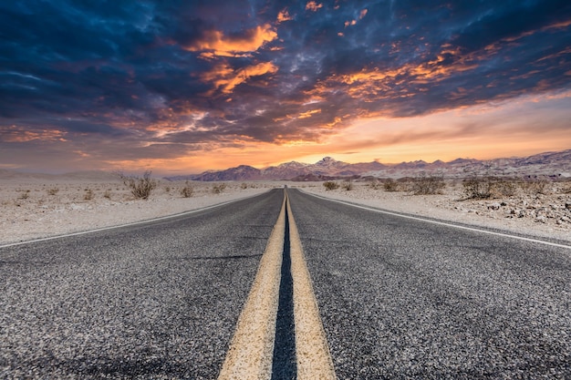 Route 66 in the desert with scenic sky. Classic vintage image with nobody in the frame.