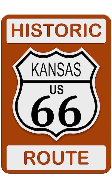 Route 66 old historic traffic sign with Kansas state