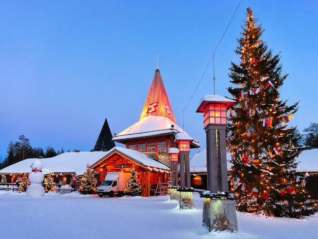 Rovaniemi, Finland - March 6, 2017: Arctic Circle street lanterns in Santa Office at Santa Claus Village, Rovaniemi, Lapland, Finland, in winter. Late in the evening. Outdoor