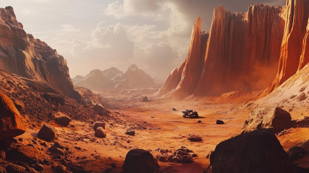 Rover explores a Martian canyon with red cliffs and ancient riverbeds in cinematic light