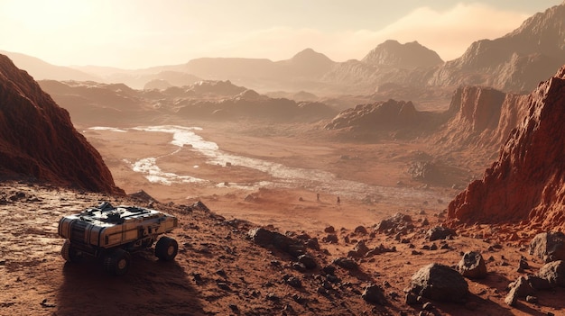 Rover explores a Martian canyon with red cliffs and ancient riverbeds under cinematic lighting