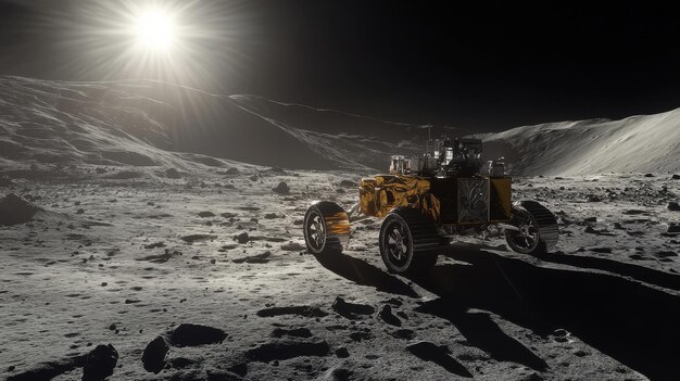 A rover exploring a crater on the Moon with sharp shadows