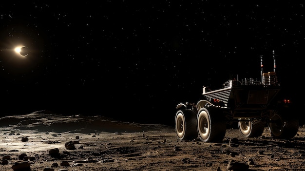 Photo a rover sits on the surface of a desolate planet with a crescent moon and stars in the sky