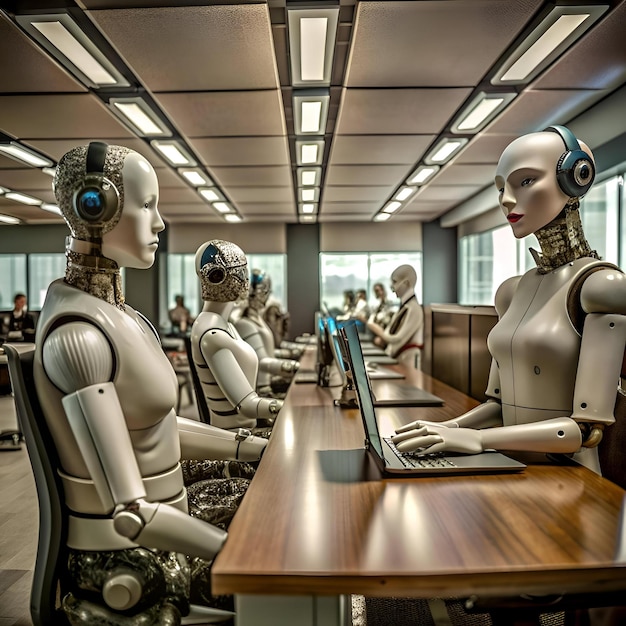 Photo a row of ai robots work diligently at their desks in a modern office setting