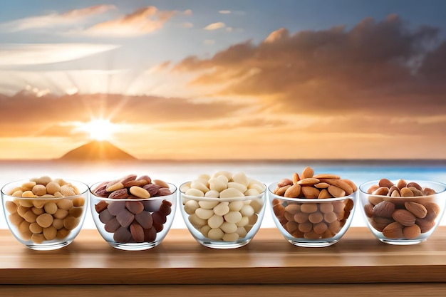 A row of almonds in bowls on a table with a sunset in the background