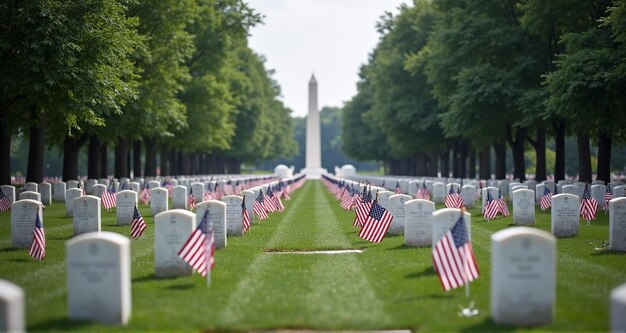 Photo a row of american flags are in a cemetery with a washington monument in the background