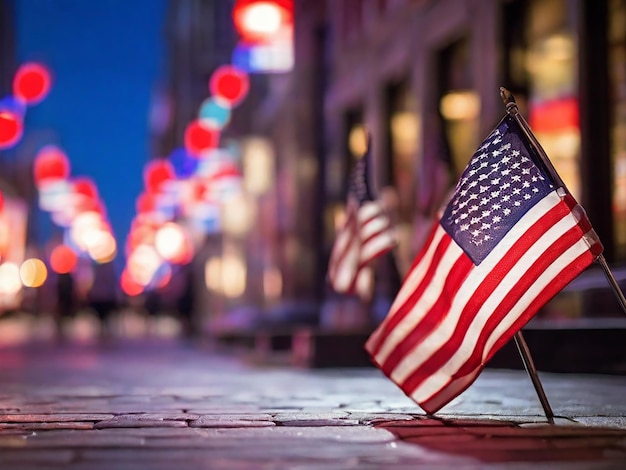 a row of american flags are on a sidewalk in front of a building