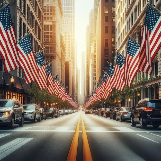 A Row of American Flags on a City Street