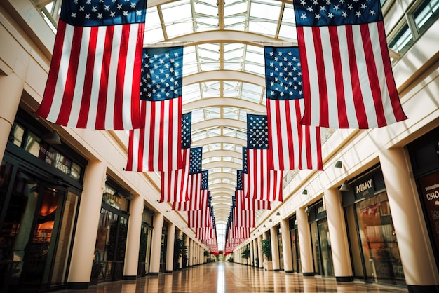 A row of american flags hang from the ceiling of a mall.