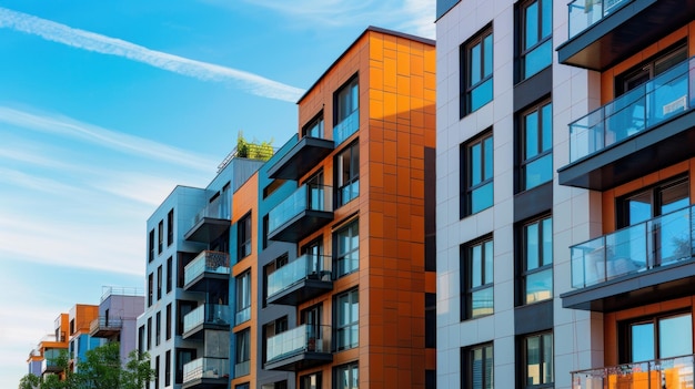 A row of apartment buildings with balconies