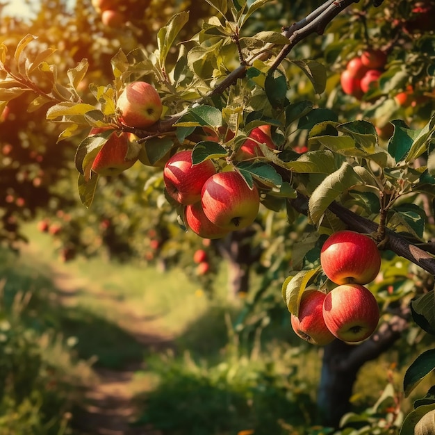 A row of apples are on a tree in an orchard