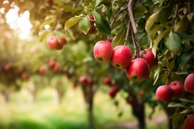 A row of apples on a tree