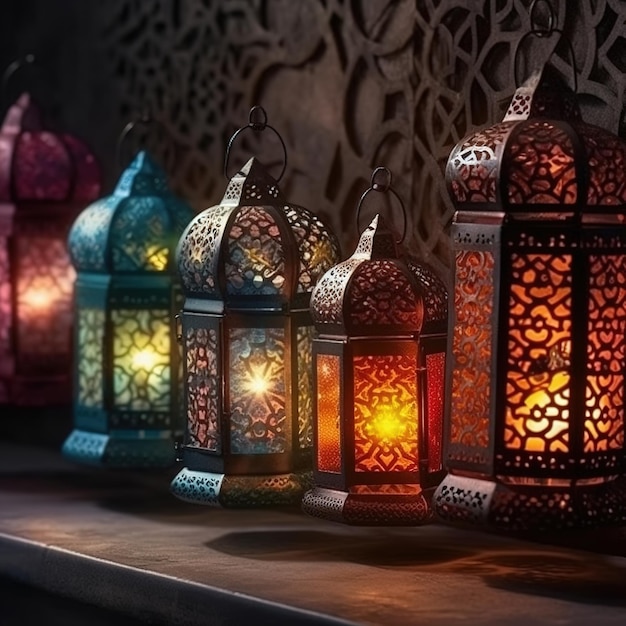 A row of arabic lanterns with the words ramadan on the bottom.