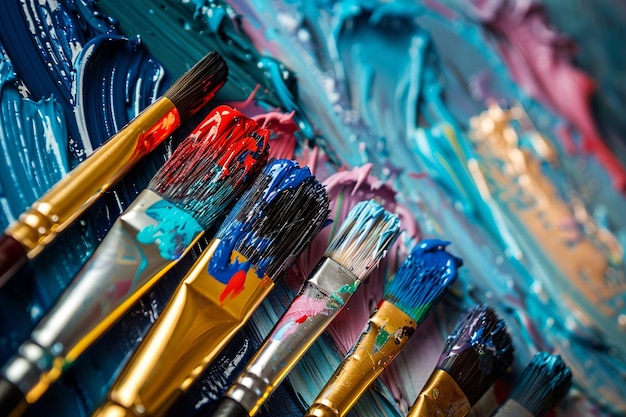 Photo row of artist paintbrushes closeup on artistic canvas set of accessories for painting with paints and brushes