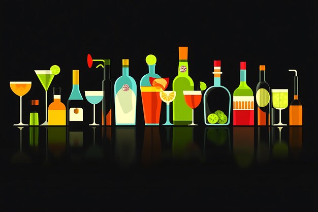 Photo a row of assorted alcoholic drinks in bottles and glasses on a black background