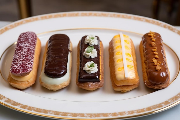 Photo a row of assorted eclairs on a white plate sweets photos1058jpg