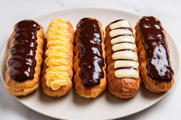 Photo a row of assorted eclairs on a white plate sweets photos1060jpg