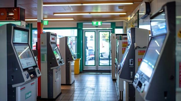 Photo a row of automated ticket machines inside a train station with a large glass door in the background