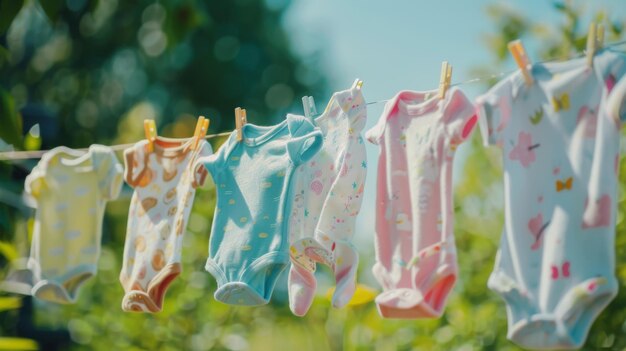 A row of baby clothes hanging on a clothesline with cute onesies and tiny socks swaying in the gentle breeze