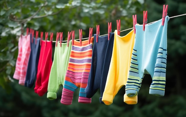 A row of baby clothes hanging on a clothesline