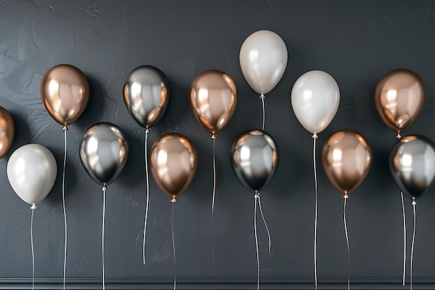 Photo a row of balloons with gold tinsel hanging on a wall