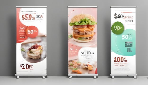 a row of banners with different types of burgers on them