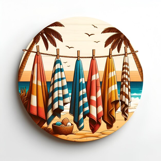 A row of beach towels hang isolated on a plain coconut white background