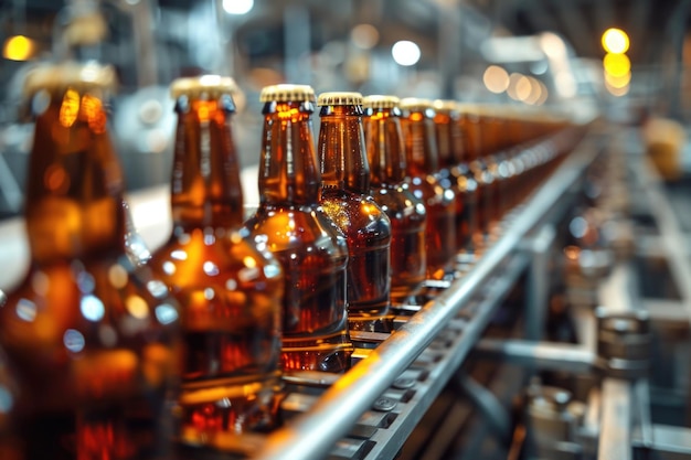 Row of beer bottles on conveyor belt