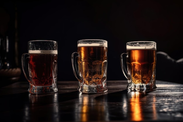 A row of beer glasses on a bar