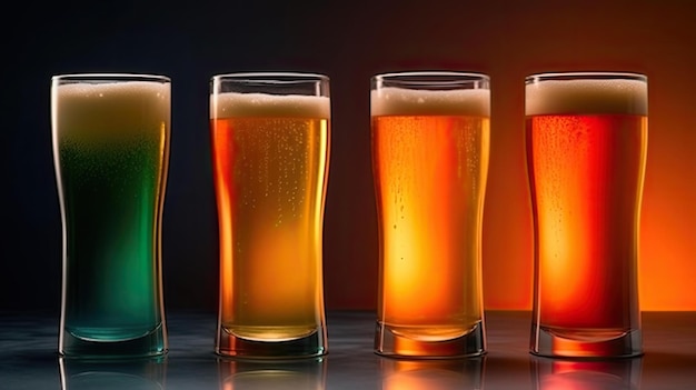 A row of beer glasses with different colors of beer on them.