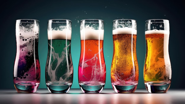 A row of beer glasses with different colors of different colors.