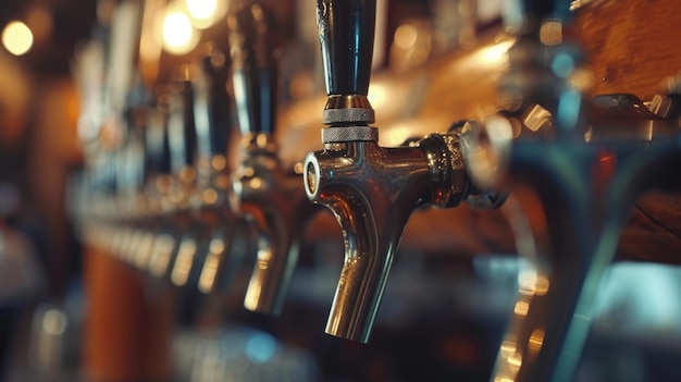 A row of beer taps in a bar Perfect for illustrating a wide variety of beer options in a pub or restaurant