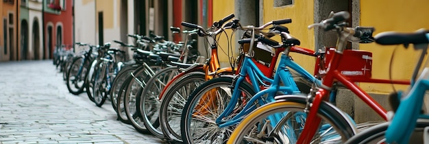 Row of bicycles parked along a city street