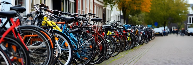 Row of bicycles parked along a city street