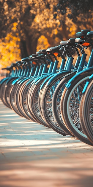 Row of bicycles parked in a bikesharing station