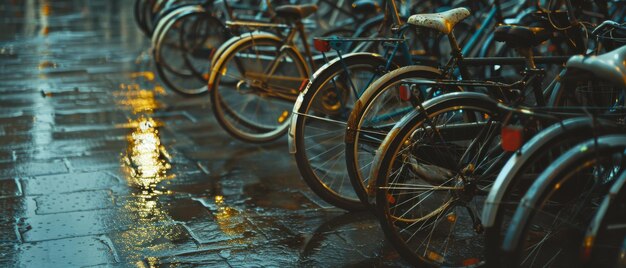 A row of bicycles parked on a wet cobblestone street illuminated by warm streetlights creating a nostalgic nighttime scene