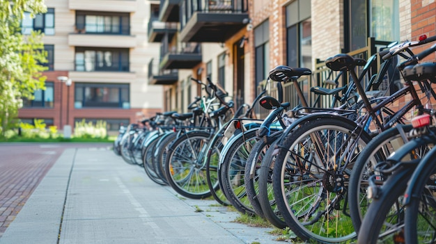 Photo row of bikes parked in front of modern building