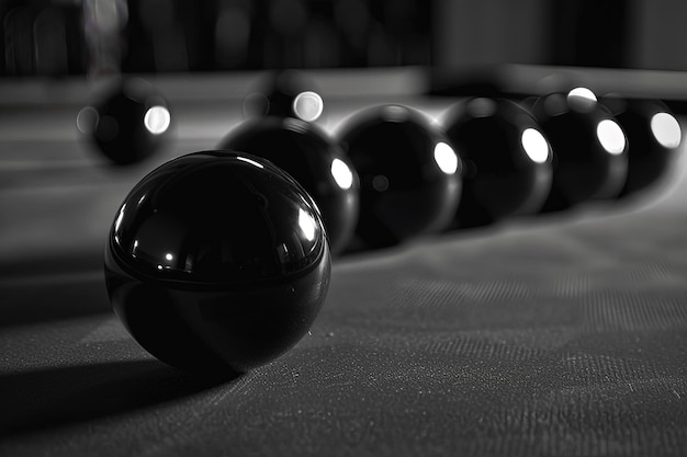 A row of black balls sitting on top of a table