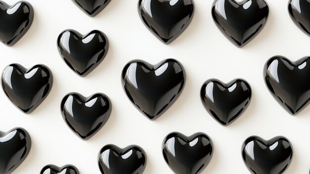 Row of black hearts are arranged in a pattern on a white background The hearts are shiny and reflective giving the image a modern and sophisticated feel