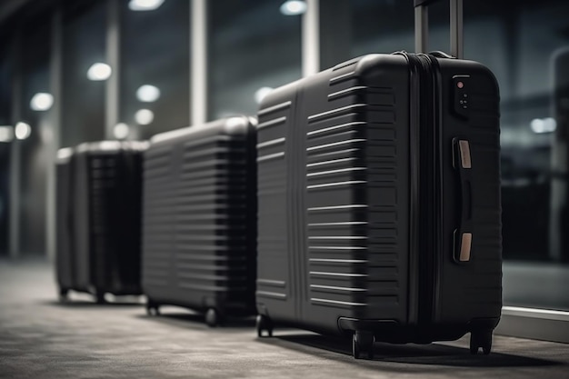 A row of black suitcases with the word " air " on the front.