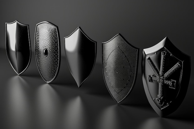 Photo a row of black and white shields displayed on a table perfect for military historical or educational projects