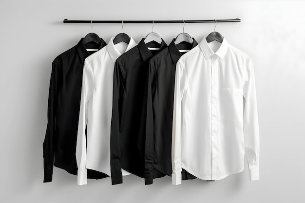 a row of black and white shirts hanging on a hanger