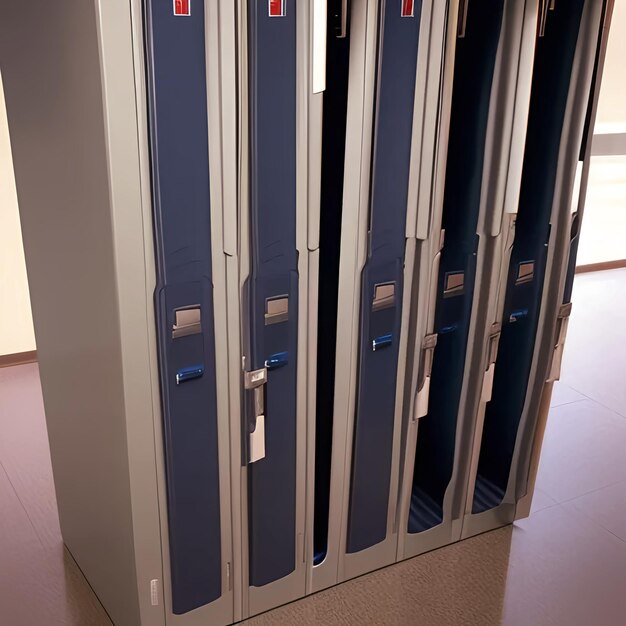 Photo a row of blue lockers with one red sticker that says  no