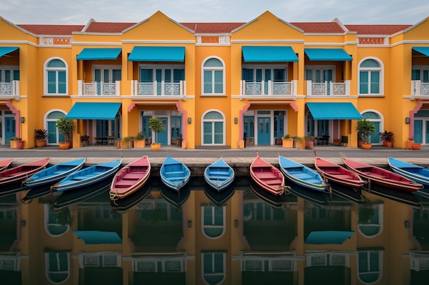 A row of boats are docked in front of a building with a blue awning.