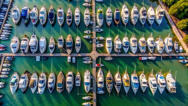 Photo a row of boats are lined up next to a wall of boats