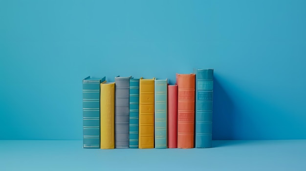 Photo a row of books on the right side with a blue background in the style of flat lay photography and in