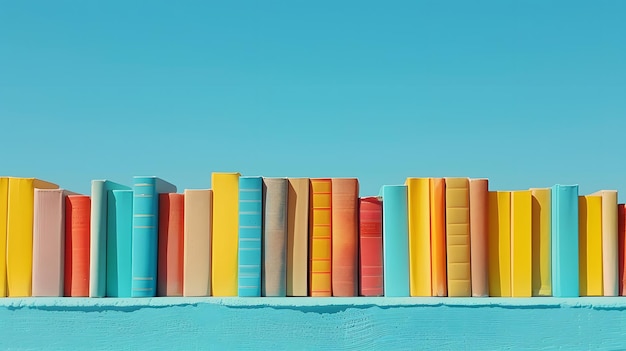 Photo a row of books on the right side with a blue background in the style of flat lay photography and in