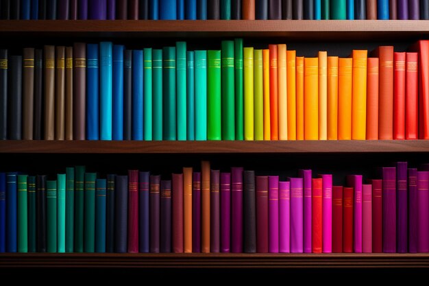 a row of books on a shelf with a row of books