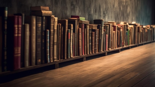 A row of books on a shelf with the word library on the bottom right.